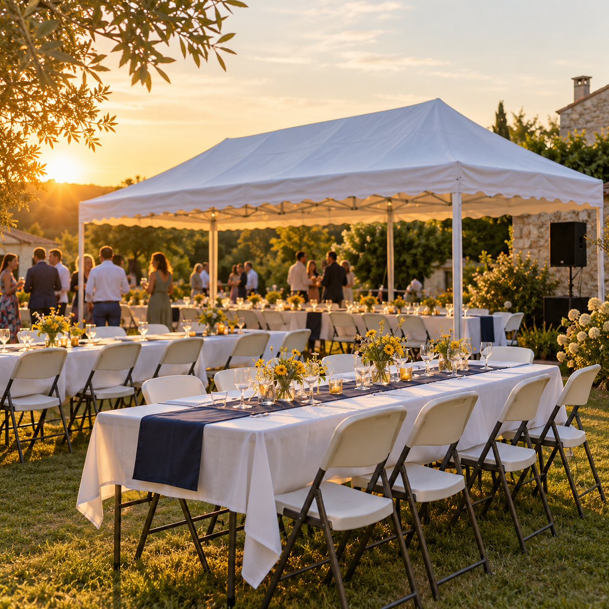 Illustration générée d’une réception au jardin avec barnum blanc, tables et chaises pliantes au coucher du soleil.