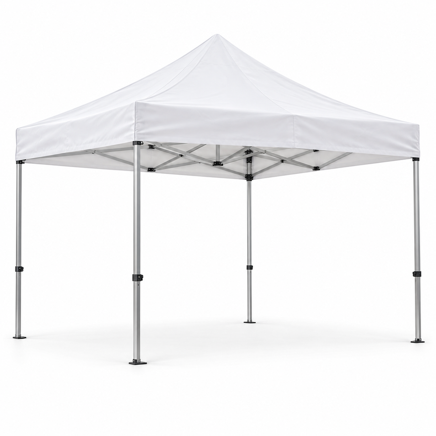 Vue de trois quarts d’un barnum blanc 3 × 3 m sur fond blanc