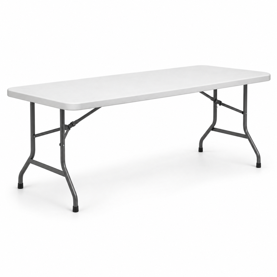 Table pliante de 180 cm dépliée, vue de trois quarts sur fond blanc